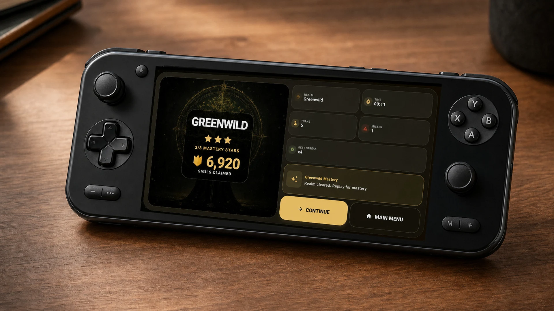 Gracebound Greenwild rewards gameplay shown on a Kermzilla handheld gaming concept