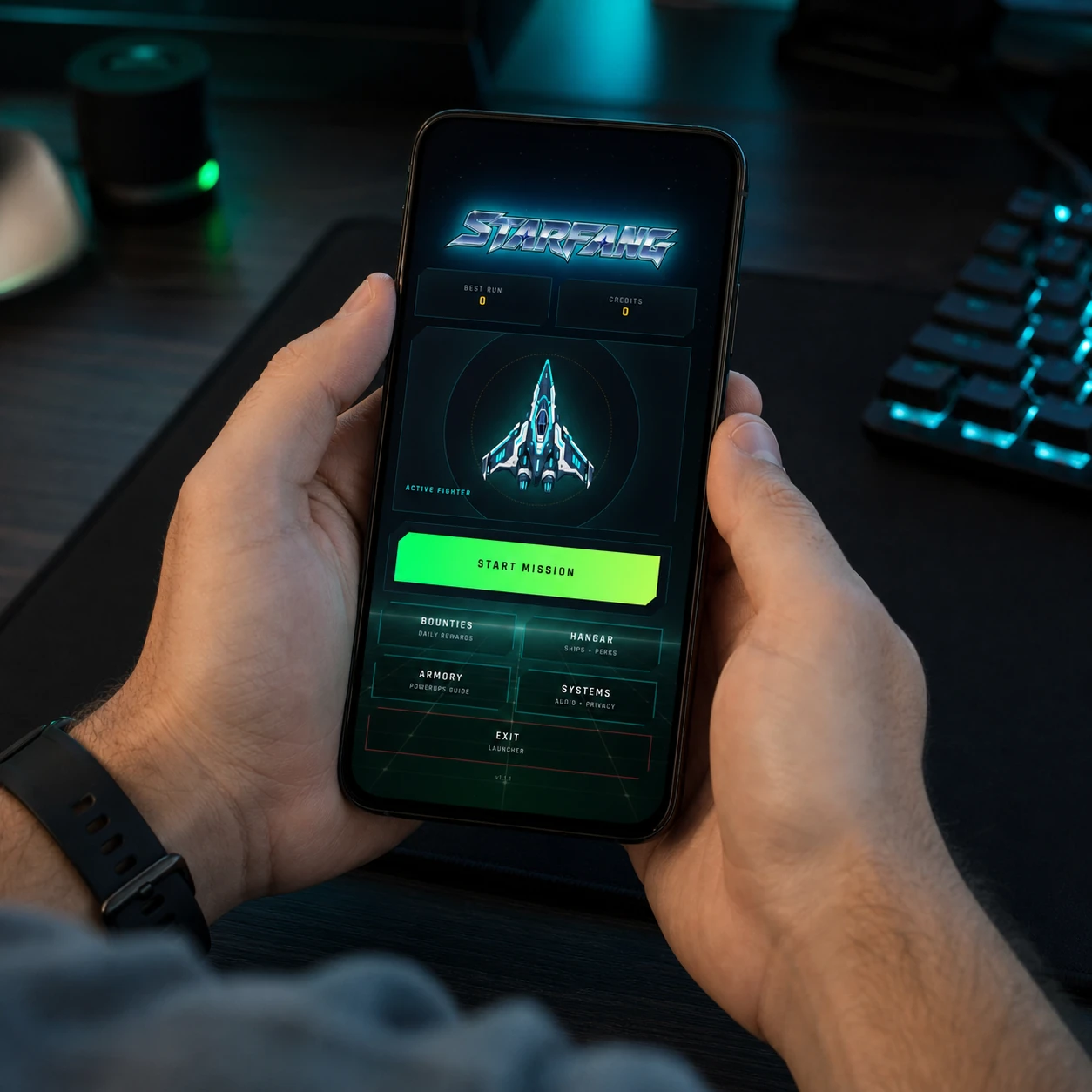 Starfang mission selection displayed on a portrait phone held at a gaming desk
